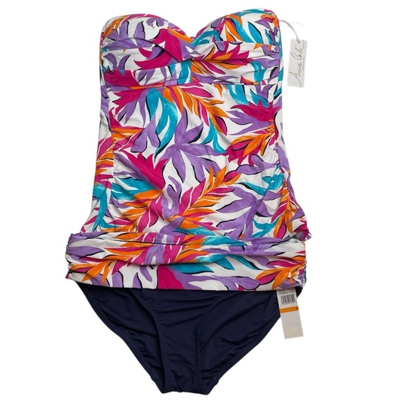 Anne Cole Twist-Front Bandeau Tankini Top & Foldover Bikini Bottom Set Navy S - Picture 1 of 9